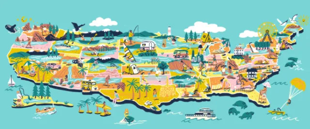 Illustrated map of Caribbean islands with vibrant landmarks and wildlife by Alison Kerry