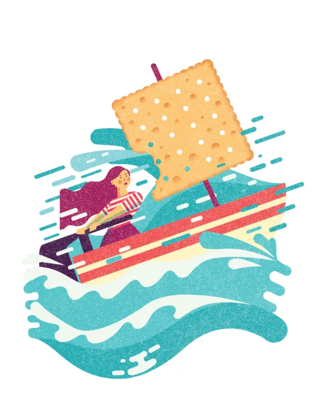 Woman on biscuit sailboat navigating rough waves by Donough O'Malley