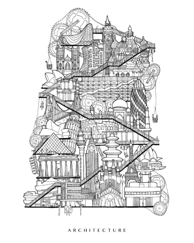Intricate architectural line drawing featuring diverse buildings by Ellie Compton