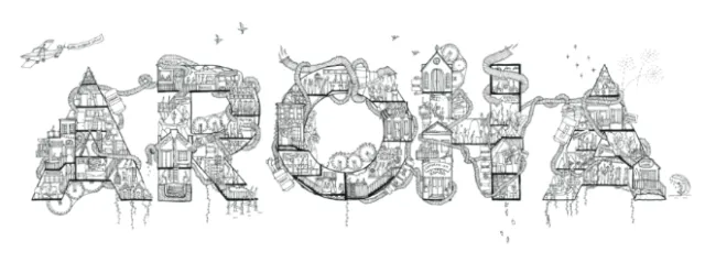 Black and white architectural illustration spelling 'ARCHA' by Ellie Compton
