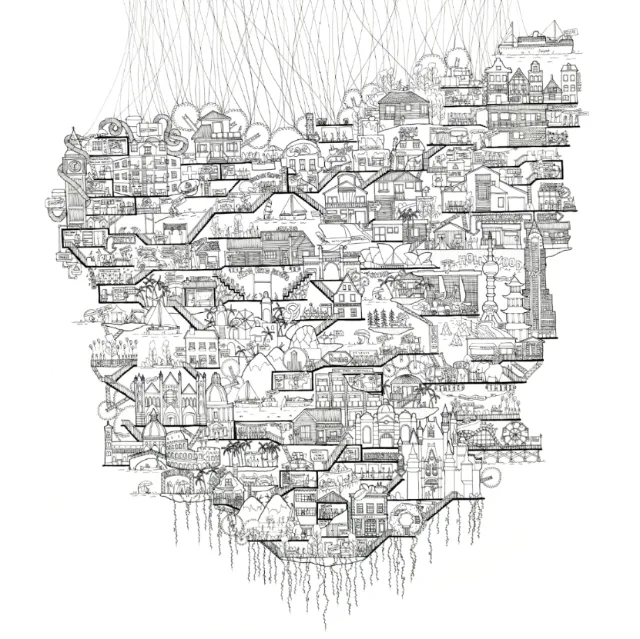 Intricate map showing buildings, bridges, and pathways by Ellie Compton