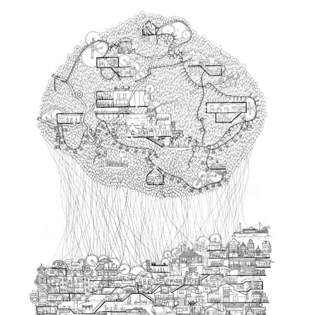Intricate black-and-white ink drawing of towns connected by fine lines by Ellie Compton