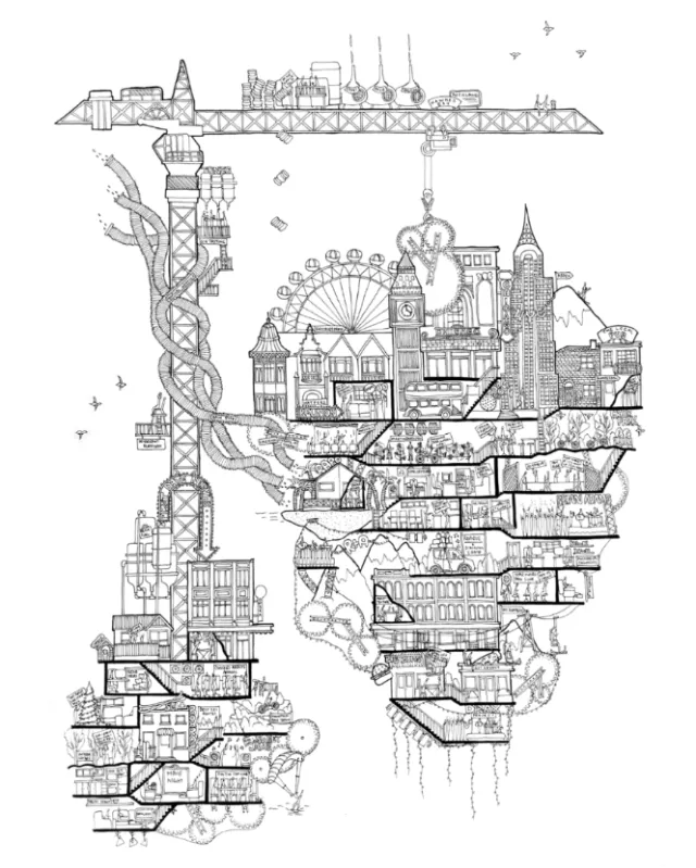 Detailed London skyline drawing with landmarks and transport by Ellie Compton