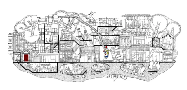 Architectural cross-section illustration with detailed rooms and structures by Ellie Compton