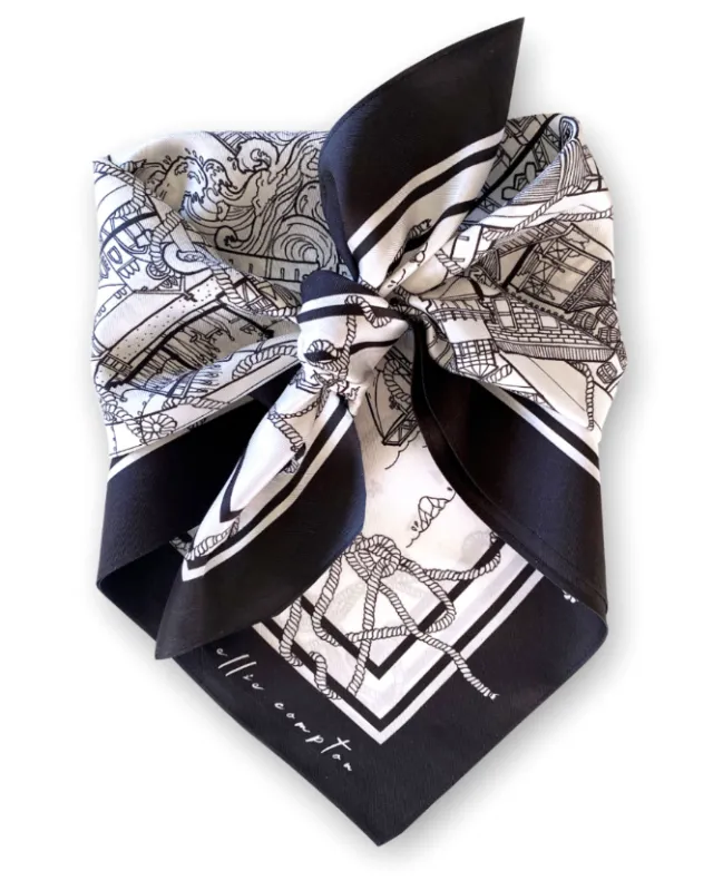 Black and white patterned silk scarf by Ellie Compton