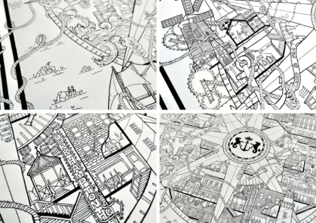 Intricate black and white city maps by Ellie Compton with detailed landmarks