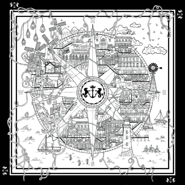 Intricate compass rose with cityscape detail by Ellie Compton