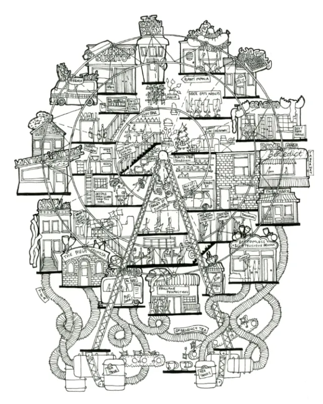 Intricate black and white architectural drawing by Ellie Compton showing complex interiors and machi