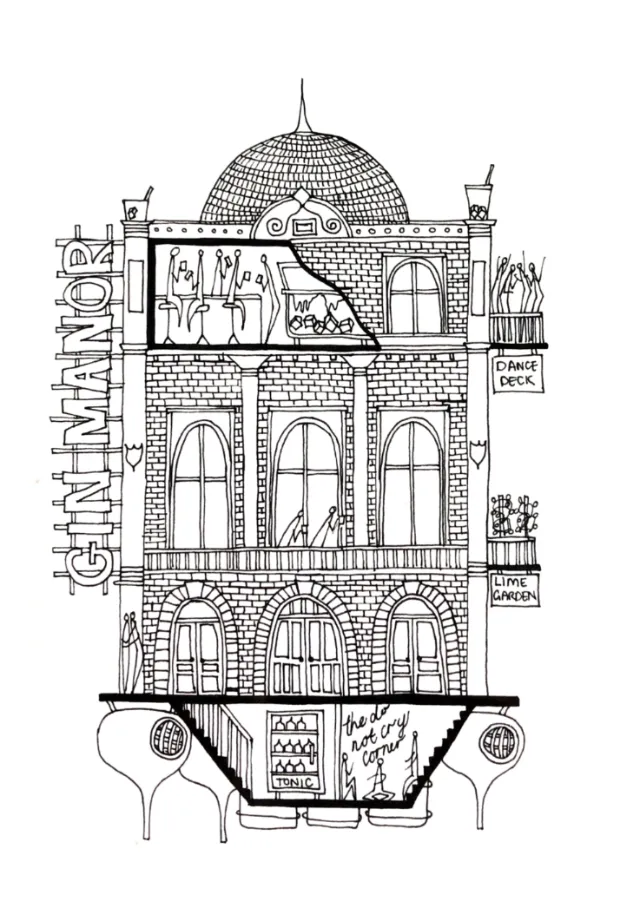 Ink drawing of Gin Manor building with detailed cross-section and room labels by Ellie Compton