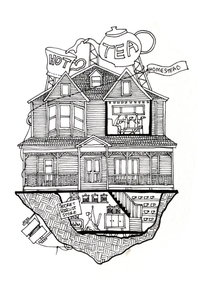 Black and white floating Victorian house with tea pot and cup by Ellie Compton
