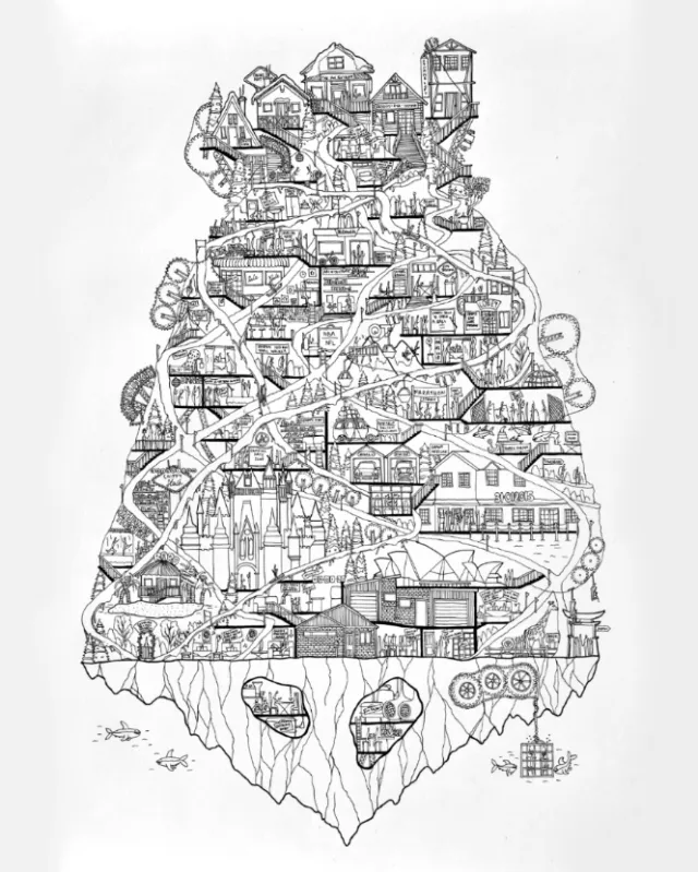 Intricate black and white floating island sketch by Ellie Compton