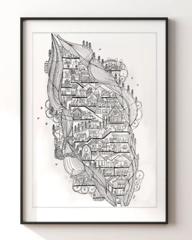Intricate architectural line drawing by Ellie Compton in black and white