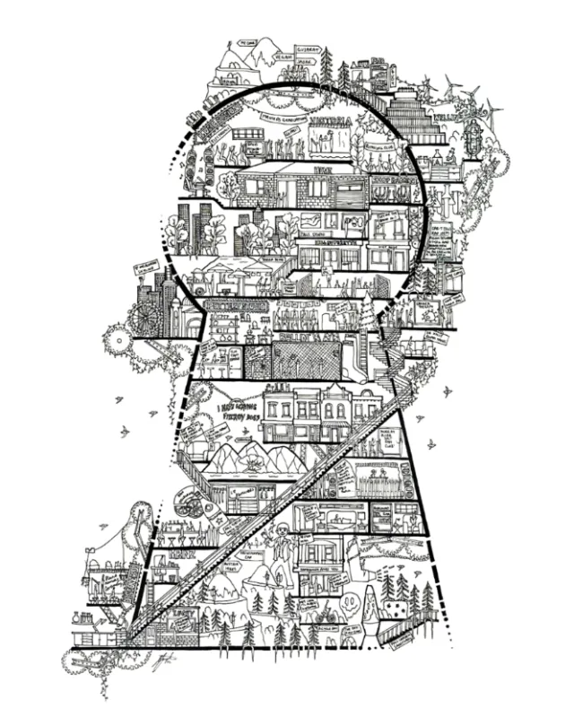 Intricate keyhole-shaped map illustration with buildings and landscapes by Ellie Compton