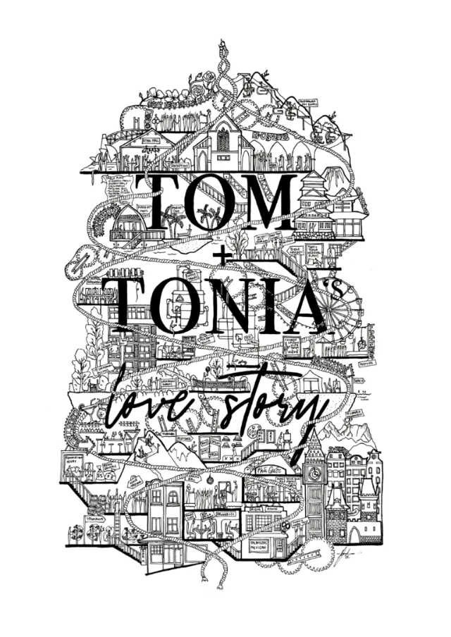 Black and white love story illustration by Ellie Compton with buildings and text