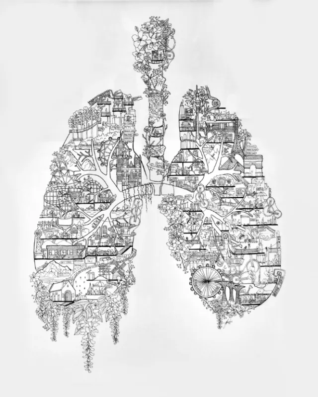 Intricate lungs illustration filled with buildings by Ellie Compton