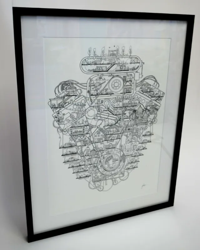 Intricate mechanical engine illustration by Ellie Compton in black and white