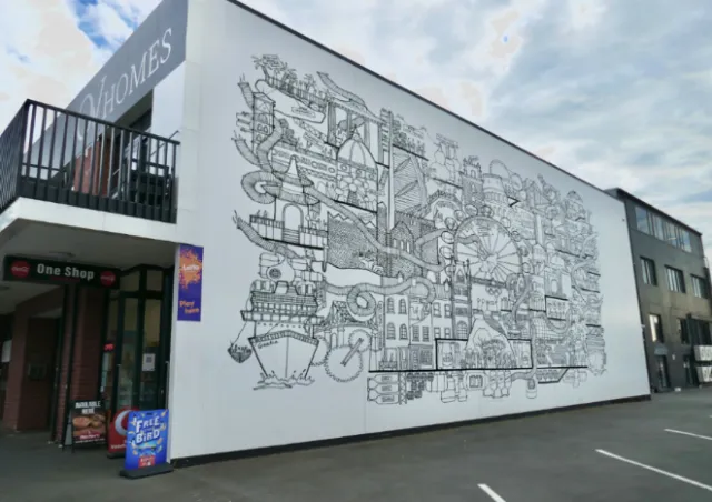 Black and white mural with abstract mechanical designs by Ellie Compton