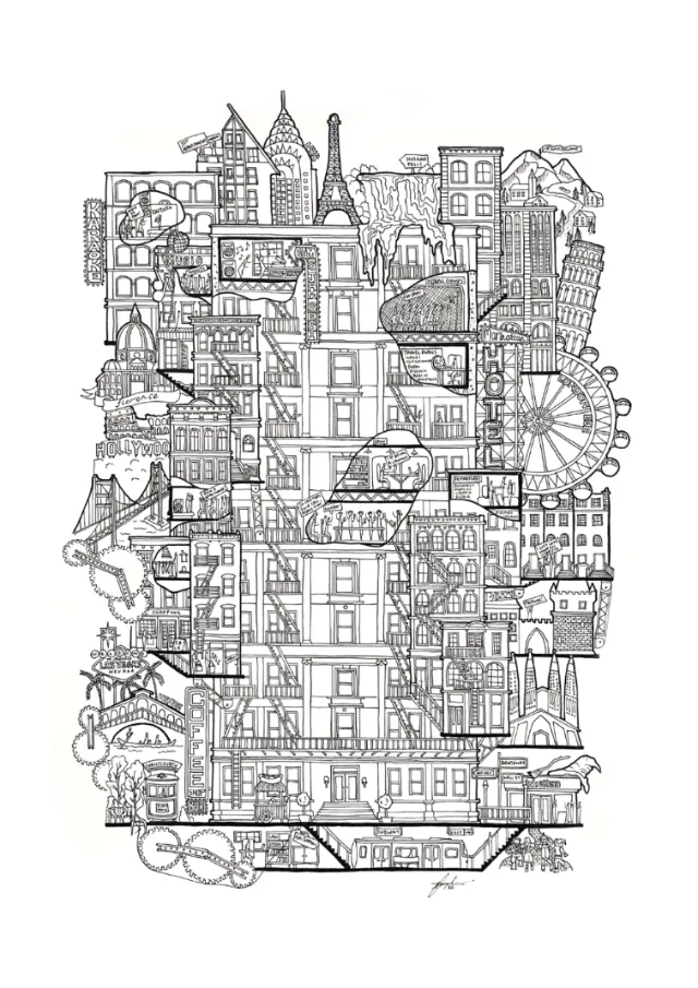 Intricate black and white cityscape drawing by Ellie Compton