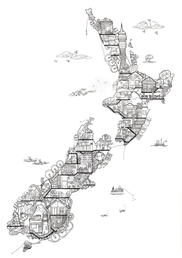 Detailed sketch map of New Zealand by Ellie Compton