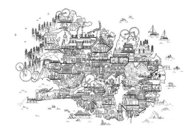 Detailed black and white cityscape drawing by Ellie Compton