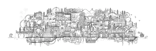 Detailed black and white cityscape drawing by Ellie Compton