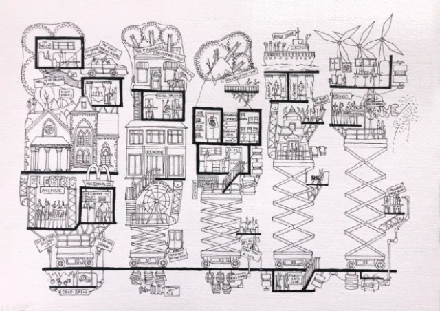 Detailed architectural section drawing by Ellie Compton showing interior and structural elements