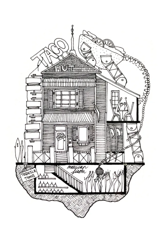 Intricate Taco Hut building cross-section sketch by Ellie Compton