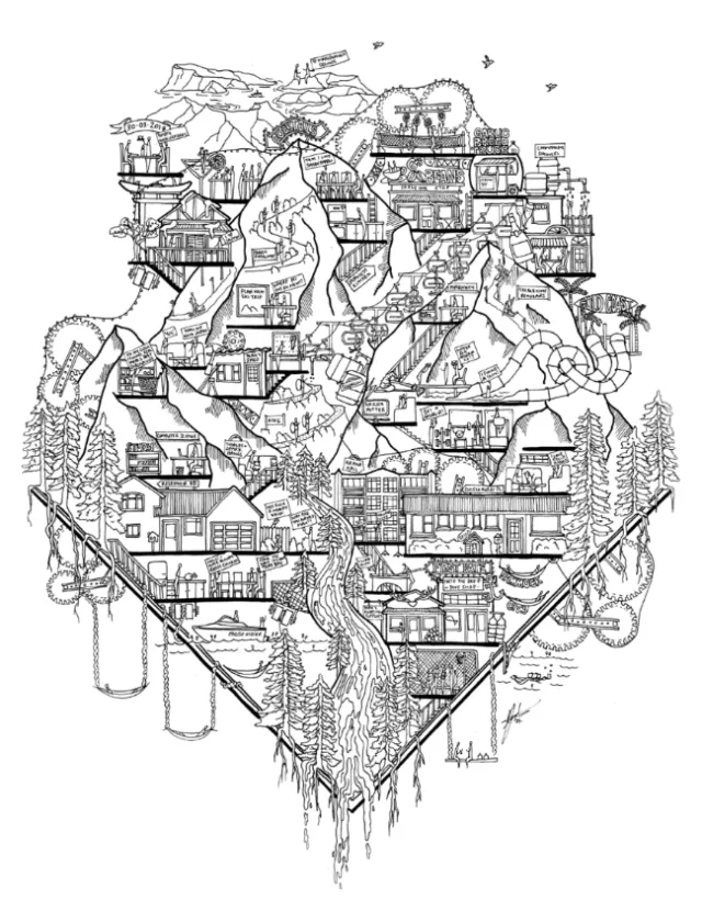 Intricate mountain village drawing with houses and trees by Ellie Compton