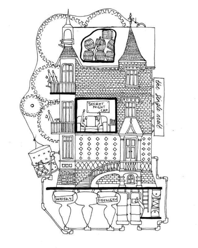 Black and white house illustration with detailed architectural features by Ellie Compton