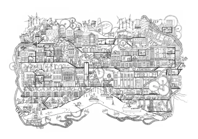 Intricate black and white cityscape drawing by Ellie Compton