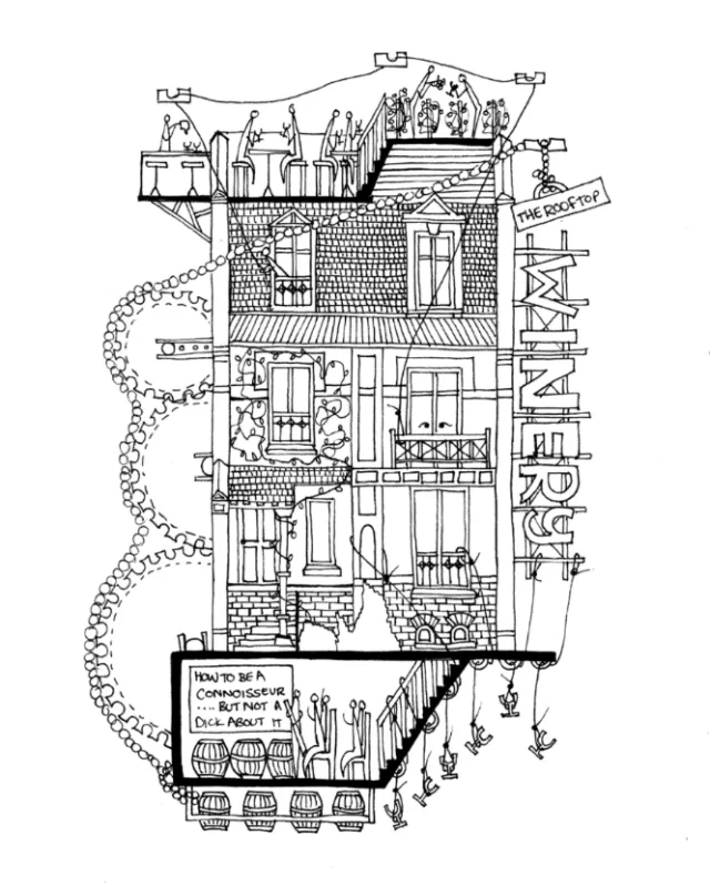 Intricate multi-level treehouse drawing with people by Ellie Compton