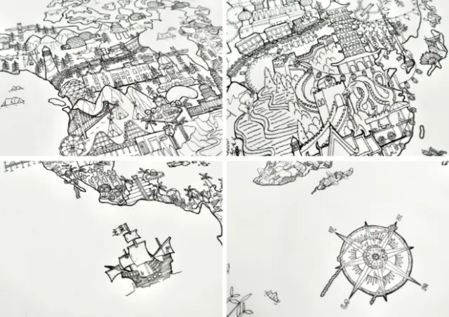 Intricate black and white fantasy maps with castles and ships by Ellie Compton