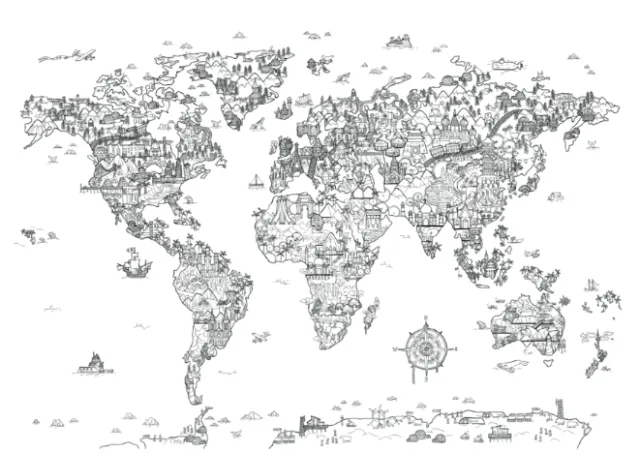 Black and white illustrated map of world landmarks and animals by Ellie Compton