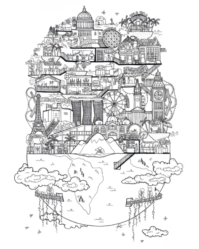 Intricate London landmarks illustration by Ellie Compton in black and white