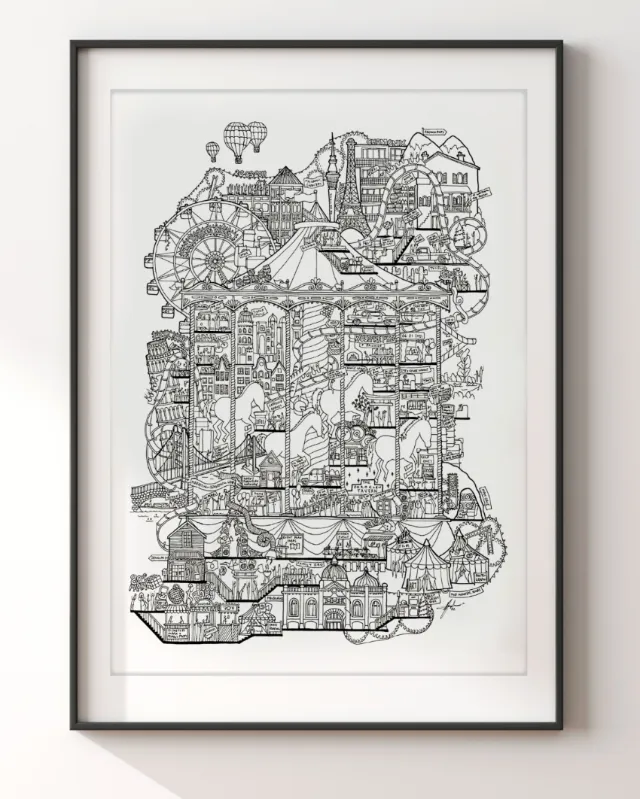 Intricate architectural drawing of buildings and structures by Ellie Compton
