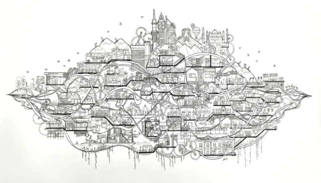 Intricate floating cityscape drawing by Ellie Compton with detailed buildings