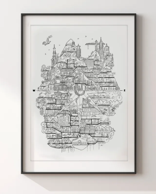 Intricate black and white cityscape drawing by Ellie Compton