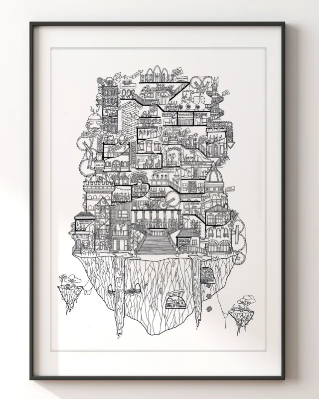 Intricate floating island city illustration by Ellie Compton