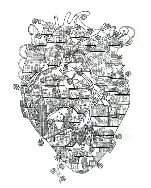 Intricate anatomical heart composed of architectural and landscape elements by Ellie Compton