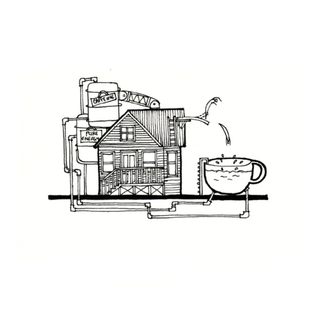 Illustration of a house connected to coffee brewing pipes by Ellie Compton
