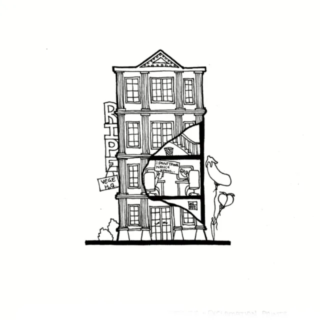Building cross-section illustration showing interior rooms and furniture by Ellie Compton