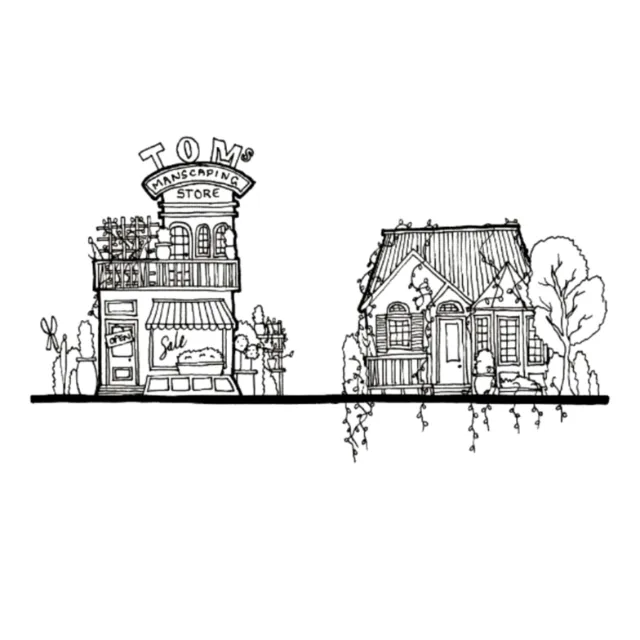 Line drawing of Tom's store and a house with plants by Ellie Compton