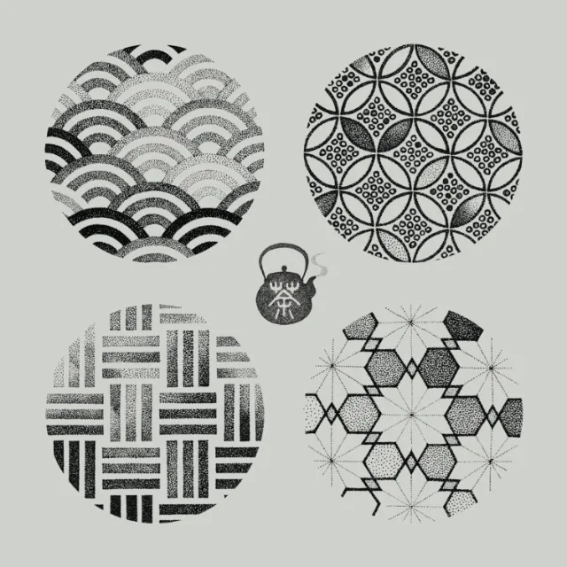 Four black and white geometric pattern circles with a small teapot illustration by Reiko Lauper