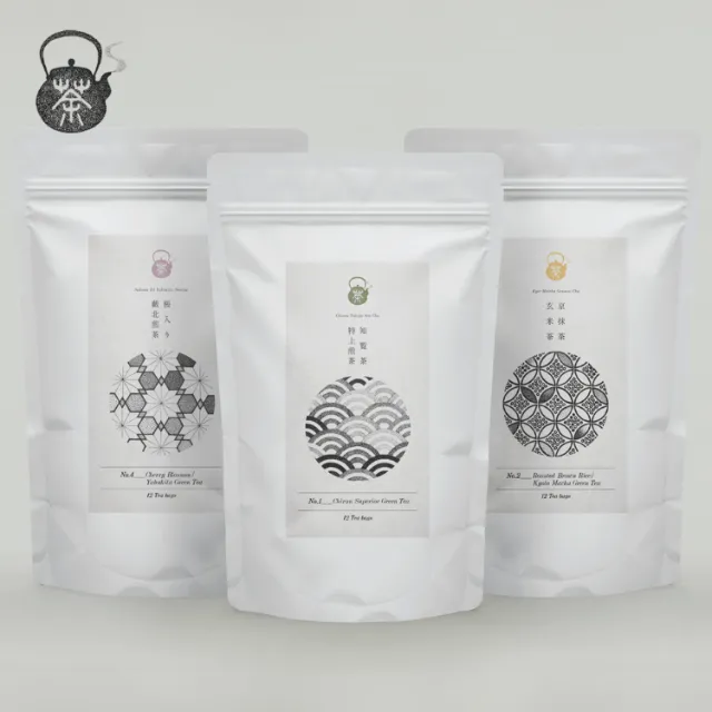 Three white tea pouches with Japanese patterns by Reiko Lauper