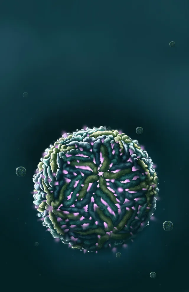 3D rendering of influenza virus particle with visible surface proteins by Alex Webber