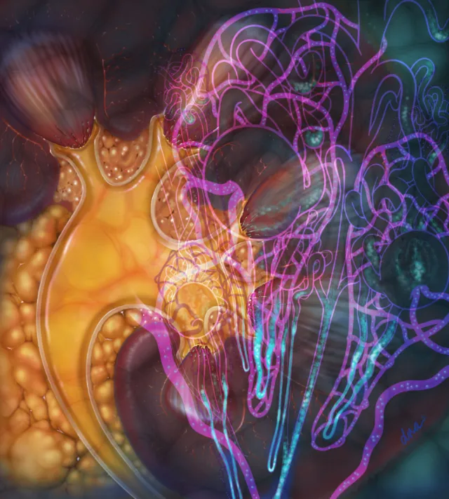 Abstract cellular shapes with neon lines by Alex Webber