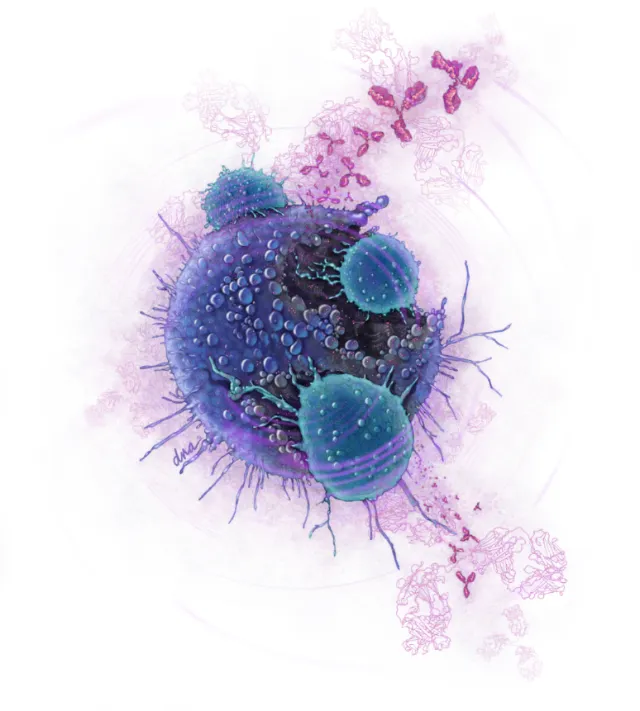 Detailed virus particles with textured surfaces and surrounding molecules by Alex Webber