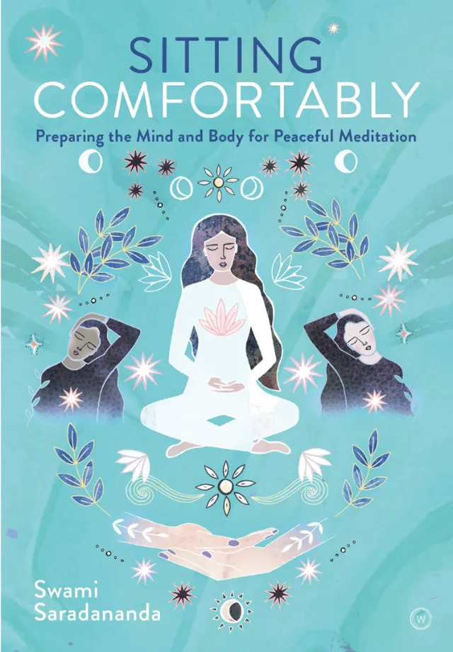 Meditating woman surrounded by calming symbols and peaceful imagery by Hannah Davies