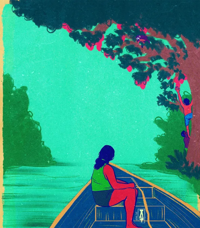 Person in green shirt paddling canoe on a calm river under tree canopy, by Tai