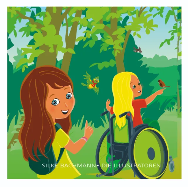 Two girls in a forest, one in wheelchair feeding birds by Silke Bachmann